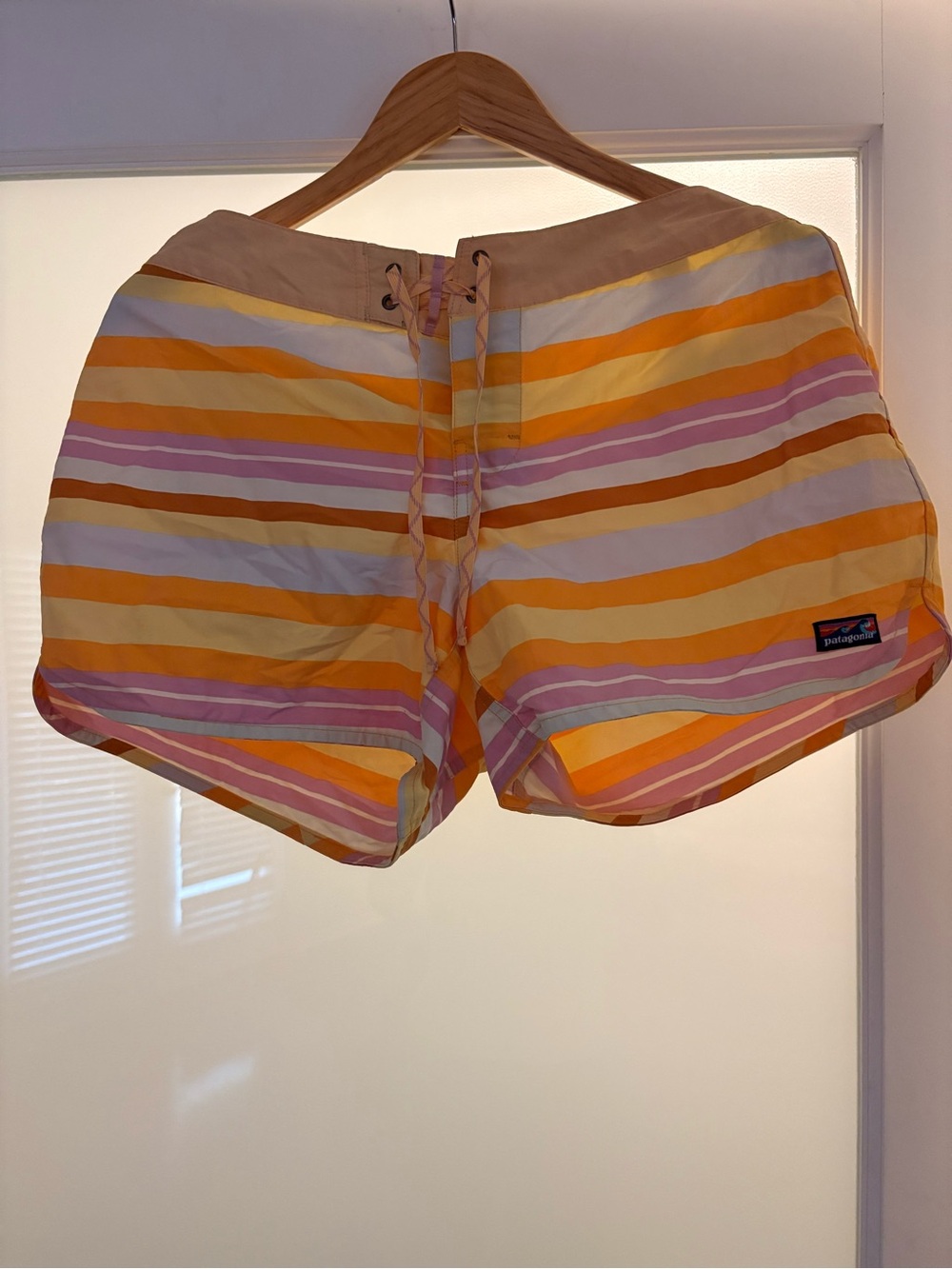 Patagonia Women’s Striped Athletic Shorts — Yellow, Pink & Cream